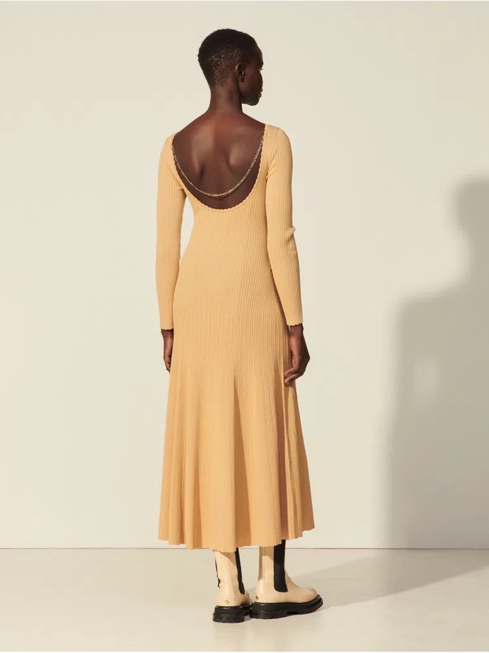 Ribbed Long-Sleeve Scoop-Back Midi Dress in Camel